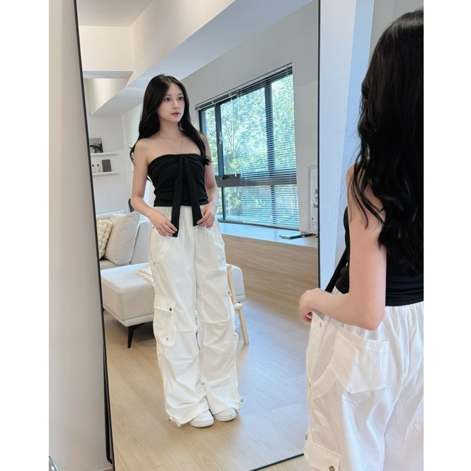 bunny_stall (現貨)夏天要來一件的率性設計感鬆緊腰工裝褲/3Colors/S-L-細節圖3