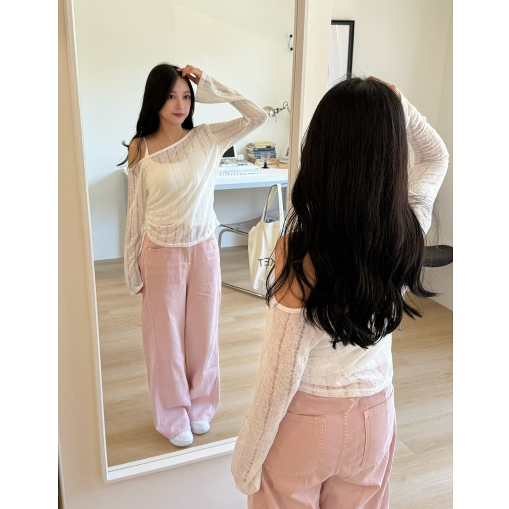 bunny_stall (現貨)氛圍感拉滿🤍純白色直條紋透膚露肩罩衫/S-L-細節圖5