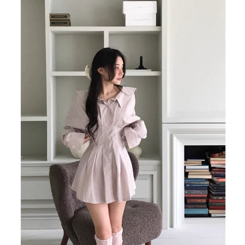 bunny_stall 少女的一天💖約瑟條紋襯衫收腰綁帶款洋裝-細節圖2