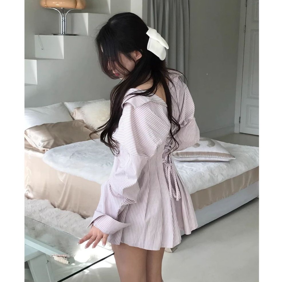 bunny_stall 少女的一天💖約瑟條紋襯衫收腰綁帶款洋裝-細節圖3