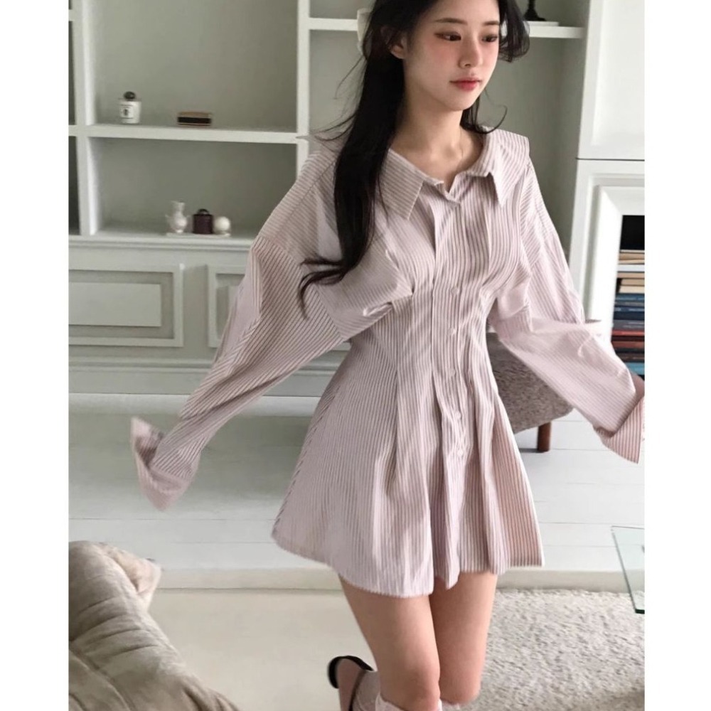 bunny_stall 少女的一天💖約瑟條紋襯衫收腰綁帶款洋裝-細節圖4