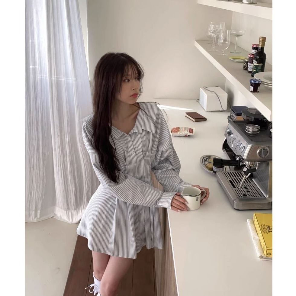 bunny_stall 少女的一天💖約瑟條紋襯衫收腰綁帶款洋裝-細節圖5