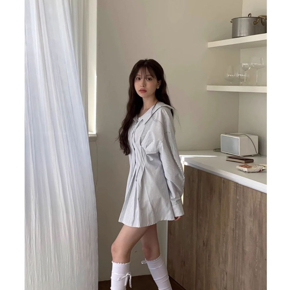 bunny_stall 少女的一天💖約瑟條紋襯衫收腰綁帶款洋裝-細節圖6