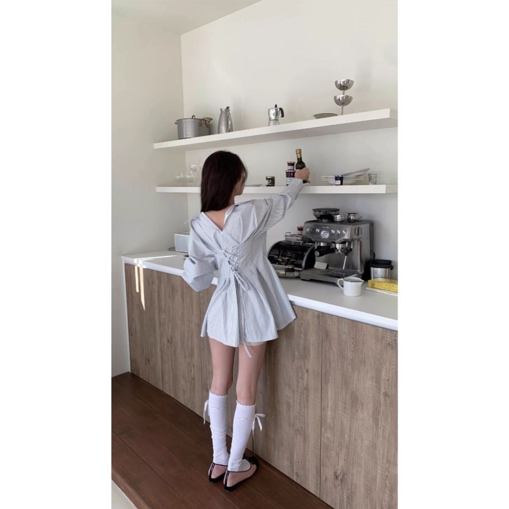 bunny_stall 少女的一天💖約瑟條紋襯衫收腰綁帶款洋裝-細節圖7