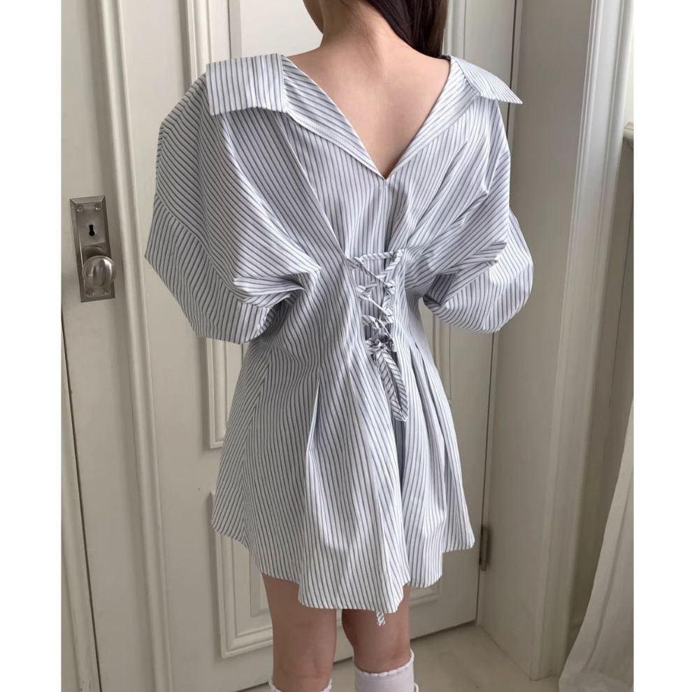 bunny_stall 少女的一天💖約瑟條紋襯衫收腰綁帶款洋裝-細節圖9