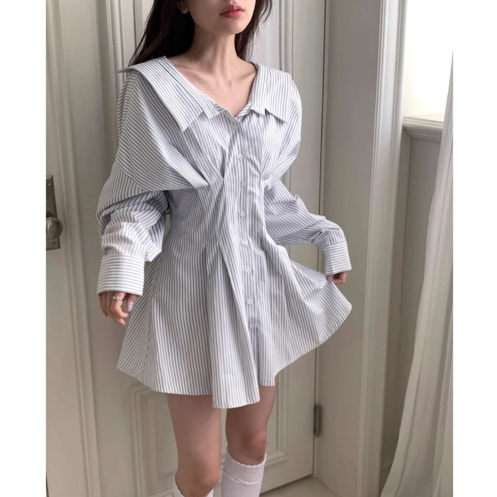 bunny_stall 少女的一天💖約瑟條紋襯衫收腰綁帶款洋裝-規格圖9