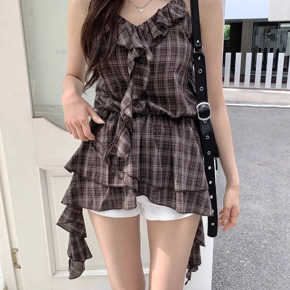 bunny_stall 法式格紋收腰款不規則下擺吊帶背心/S-M-細節圖2