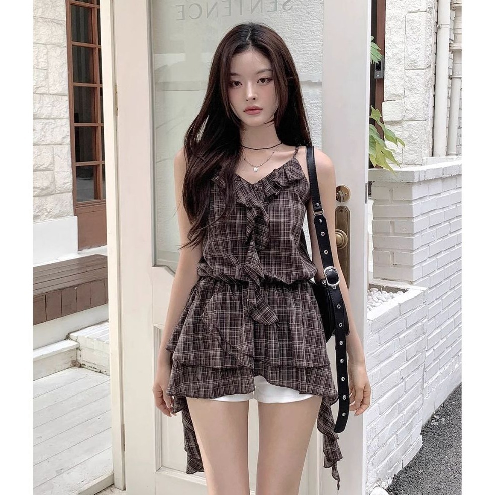 bunny_stall 法式格紋收腰款不規則下擺吊帶背心/S-M-細節圖4