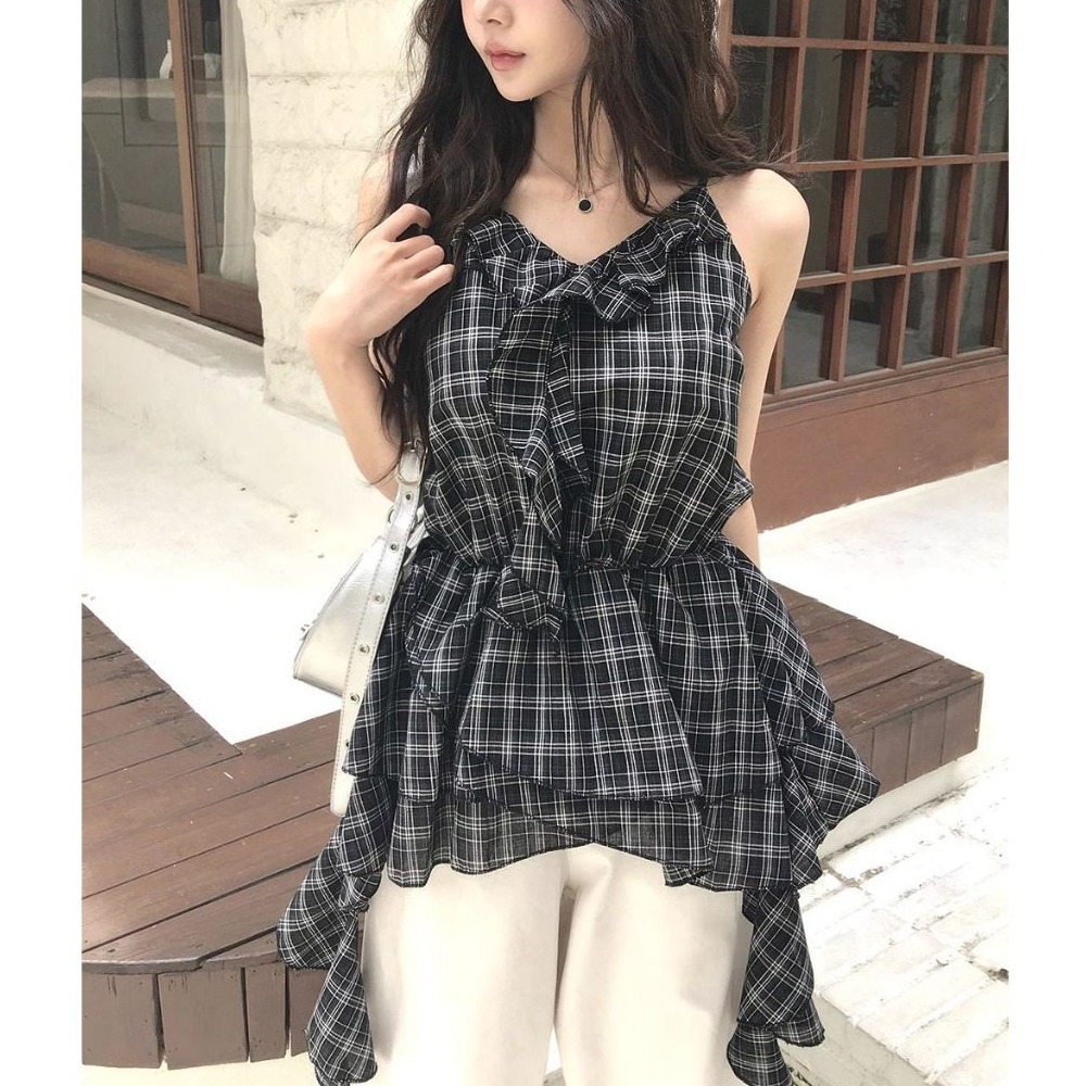 bunny_stall 法式格紋收腰款不規則下擺吊帶背心/S-M-細節圖6