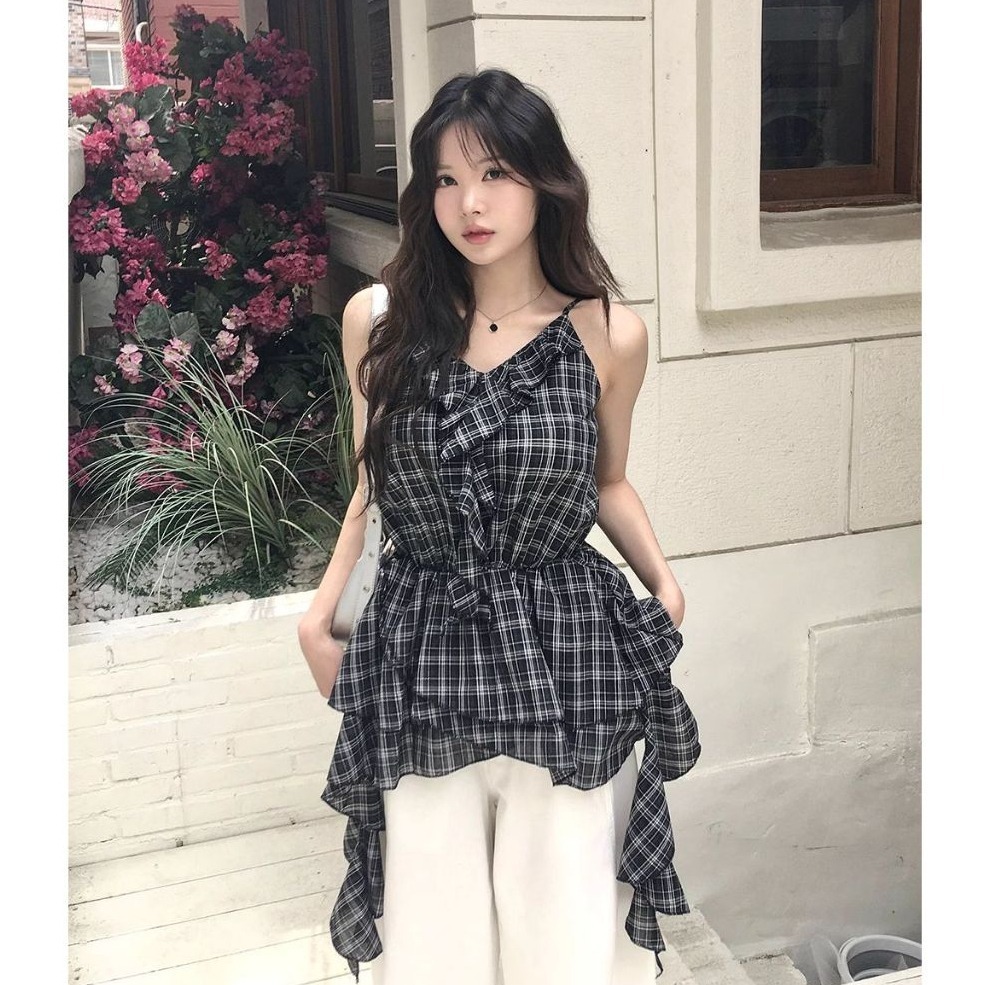 bunny_stall 法式格紋收腰款不規則下擺吊帶背心/S-M-細節圖7