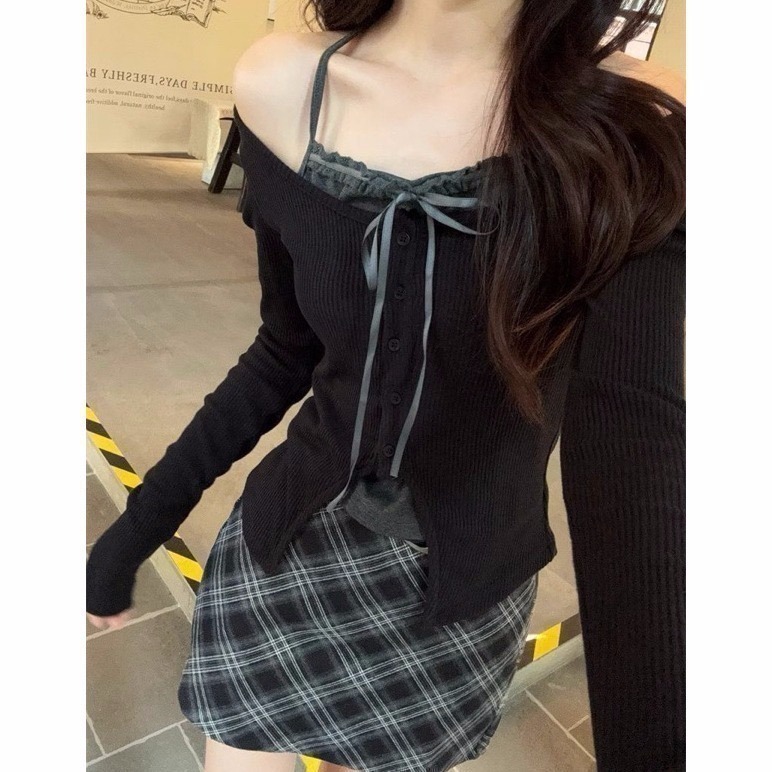 bunny_stall 🖤引人注目的純慾感假兩件式上衣+格紋短裙/S-L-細節圖2