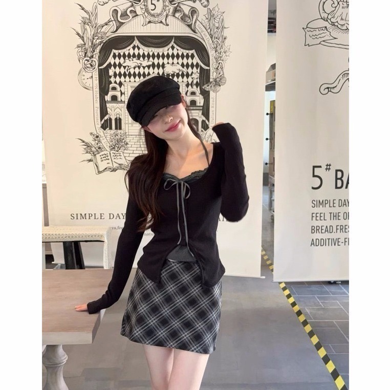 bunny_stall 🖤引人注目的純慾感假兩件式上衣+格紋短裙/S-L-細節圖4