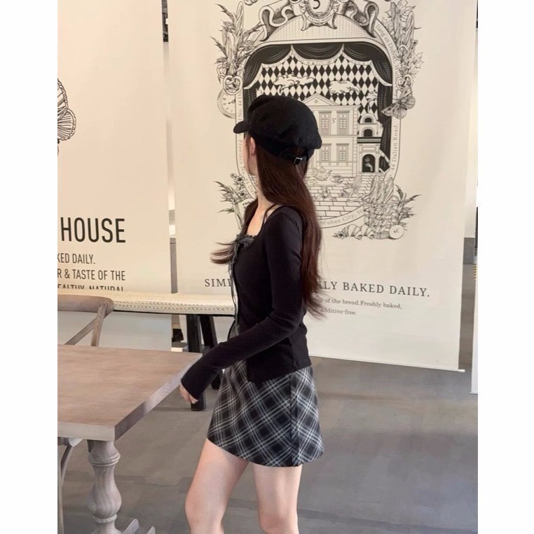 bunny_stall 🖤引人注目的純慾感假兩件式上衣+格紋短裙/S-L-細節圖5
