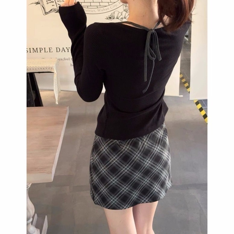 bunny_stall 🖤引人注目的純慾感假兩件式上衣+格紋短裙/S-L-細節圖7