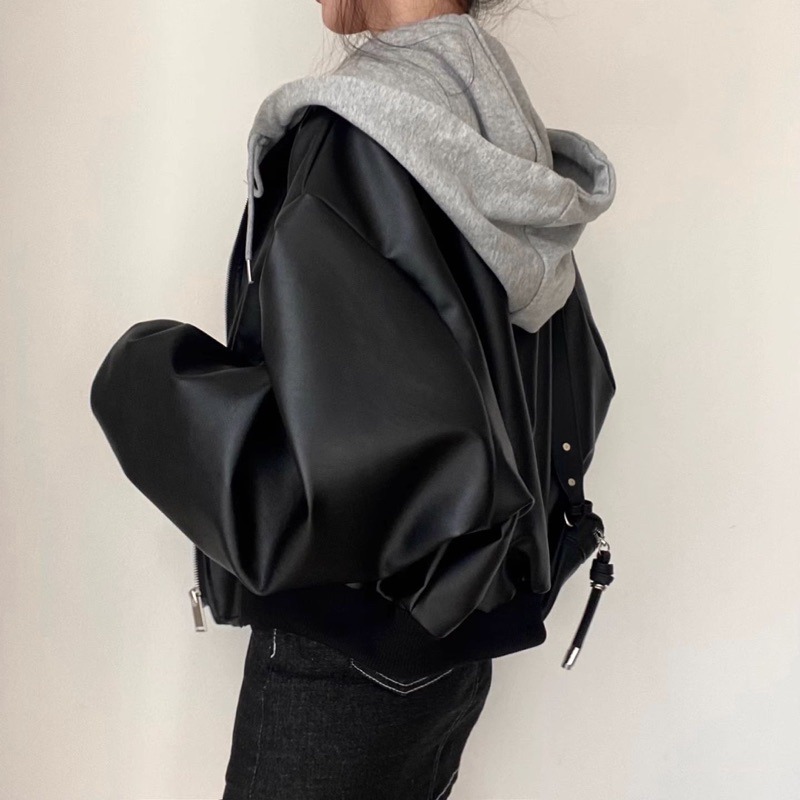 bunny_stall 質感滿分🖤雙口袋假兩件式連帽皮衣外套-細節圖4