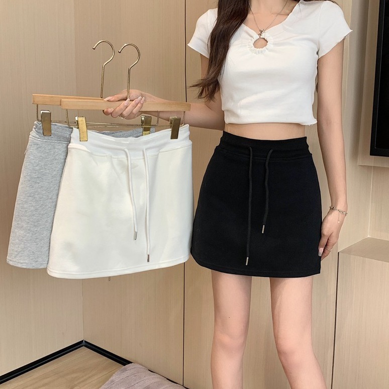 bunny_stall (現貨)最百搭的經典三色鬆緊腰抽繩包臀短裙/有安全褲-細節圖8