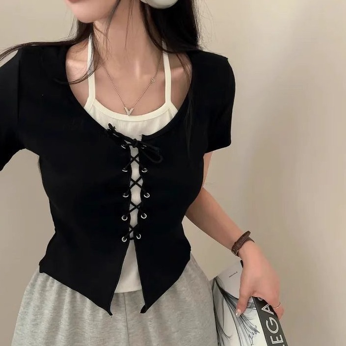 bunny_stall 🤎掛脖吊帶背心+胸前繫帶假兩件式短袖上衣/4Colors-細節圖2