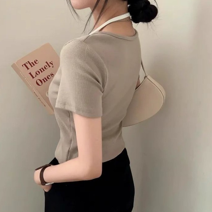 bunny_stall 🤎掛脖吊帶背心+胸前繫帶假兩件式短袖上衣/4Colors-細節圖5