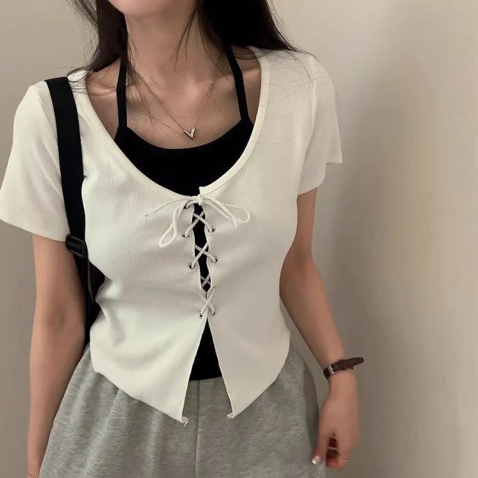 bunny_stall 🤎掛脖吊帶背心+胸前繫帶假兩件式短袖上衣/4Colors-細節圖8