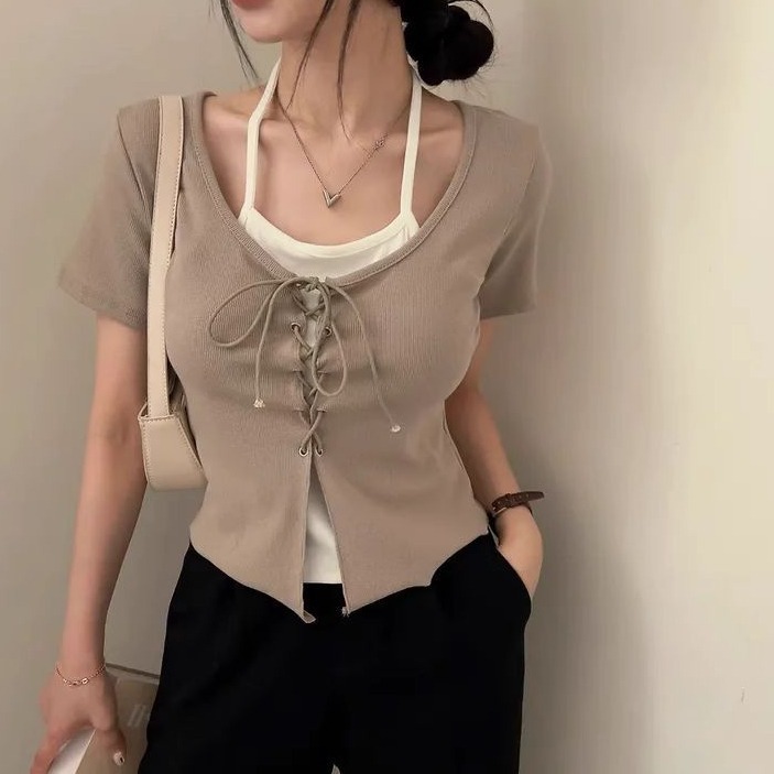 bunny_stall 🤎掛脖吊帶背心+胸前繫帶假兩件式短袖上衣/4Colors-規格圖8