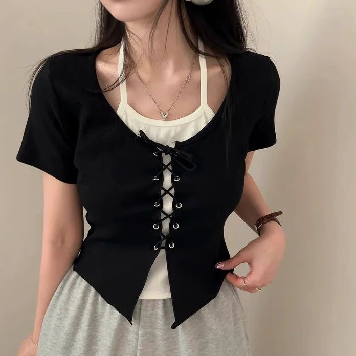 bunny_stall 🤎掛脖吊帶背心+胸前繫帶假兩件式短袖上衣/4Colors-規格圖8