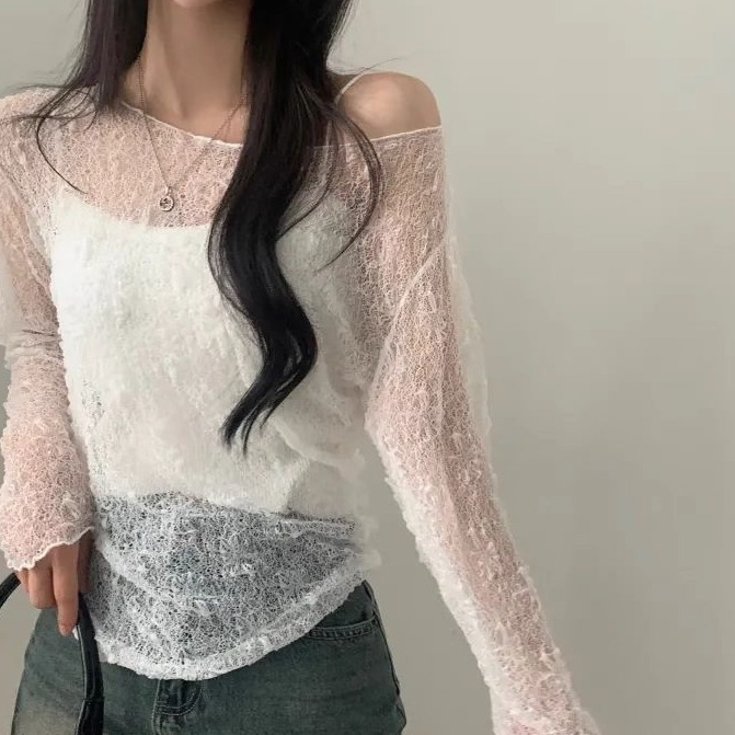 bunny_stall 微透膚蕾絲長袖罩衫+純色吊帶背心兩件式上衣-細節圖3