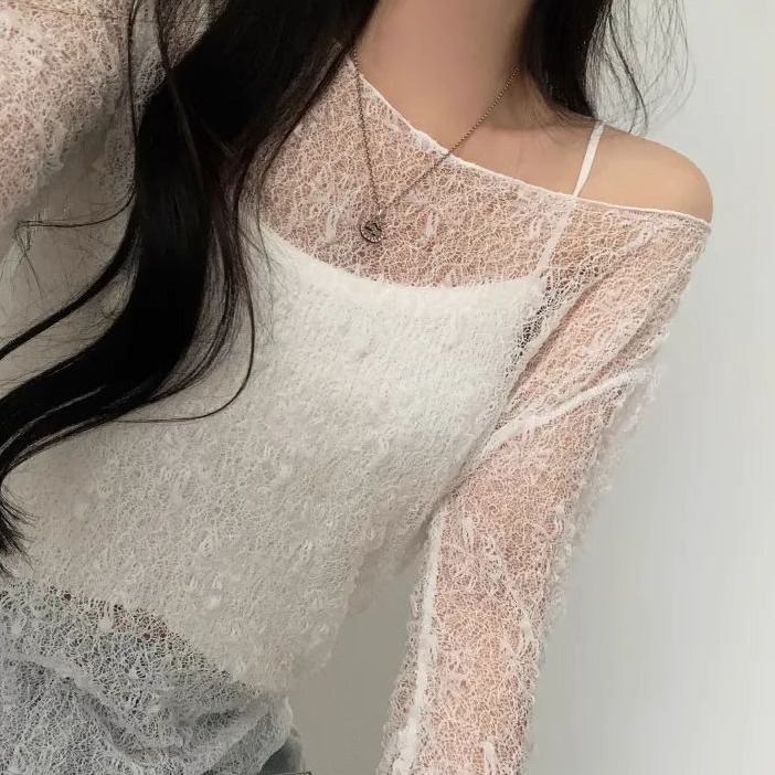 bunny_stall 微透膚蕾絲長袖罩衫+純色吊帶背心兩件式上衣-細節圖4