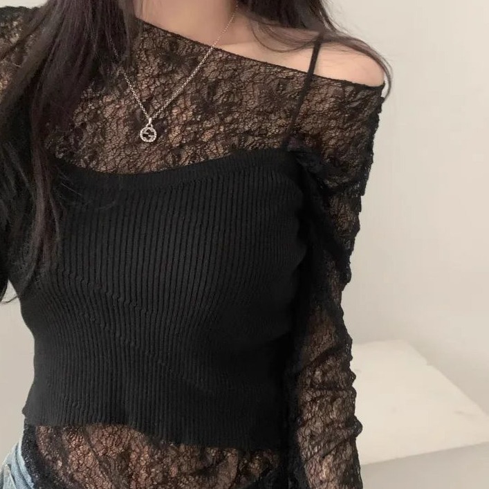 bunny_stall 微透膚蕾絲長袖罩衫+純色吊帶背心兩件式上衣-細節圖7