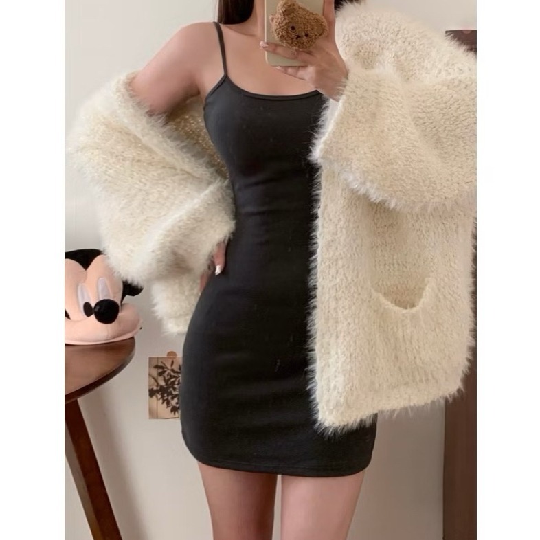 bunny_stall 🍁極暖誘惑有胸墊的德絨修身吊帶裙/7Colors-細節圖5