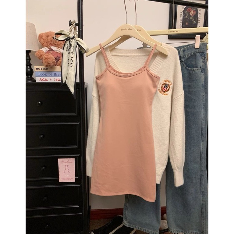 bunny_stall 🍁極暖誘惑有胸墊的德絨修身吊帶裙/7Colors-細節圖8