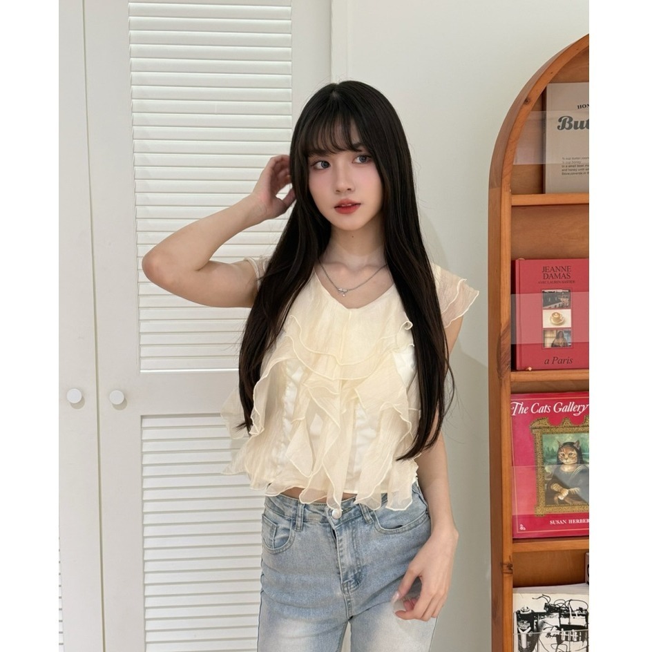 bunny_stall (現貨)甜美日系感🤍不規則荷葉邊露背繫帶V領襯衫/S-L-細節圖2