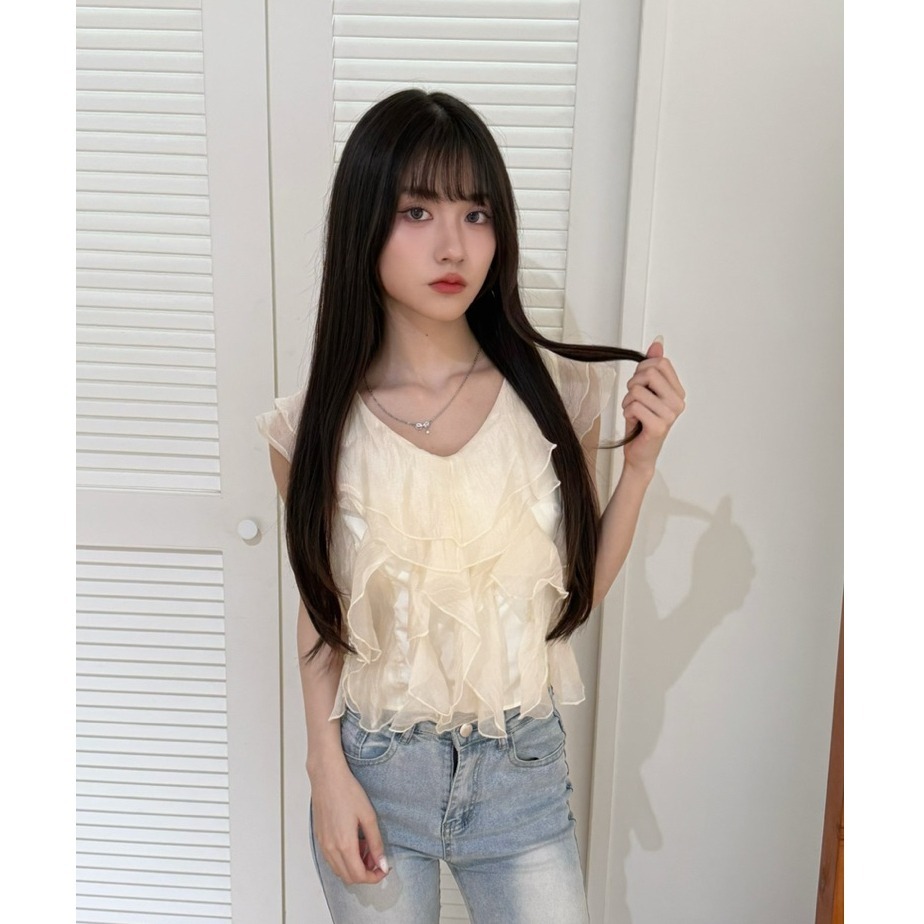 bunny_stall (現貨)甜美日系感🤍不規則荷葉邊露背繫帶V領襯衫/S-L-細節圖5
