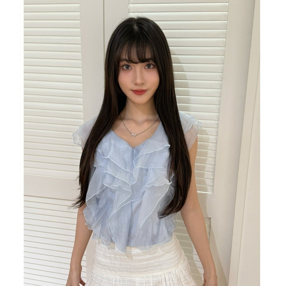 bunny_stall (現貨)甜美日系感🤍不規則荷葉邊露背繫帶V領襯衫/S-L-細節圖8