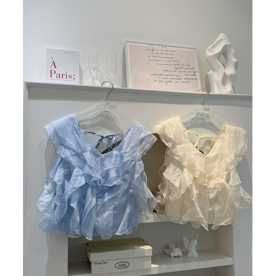 bunny_stall (現貨)甜美日系感🤍不規則荷葉邊露背繫帶V領襯衫/S-L-細節圖9