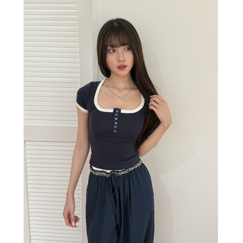 bunny_stall (現貨)細節感滿分的簡約拼色短袖+鬆緊腰長褲休閒套裝/S-L-細節圖2