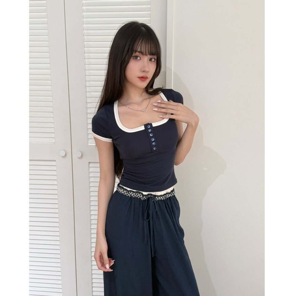 bunny_stall (現貨)細節感滿分的簡約拼色短袖+鬆緊腰長褲休閒套裝/S-L-細節圖5