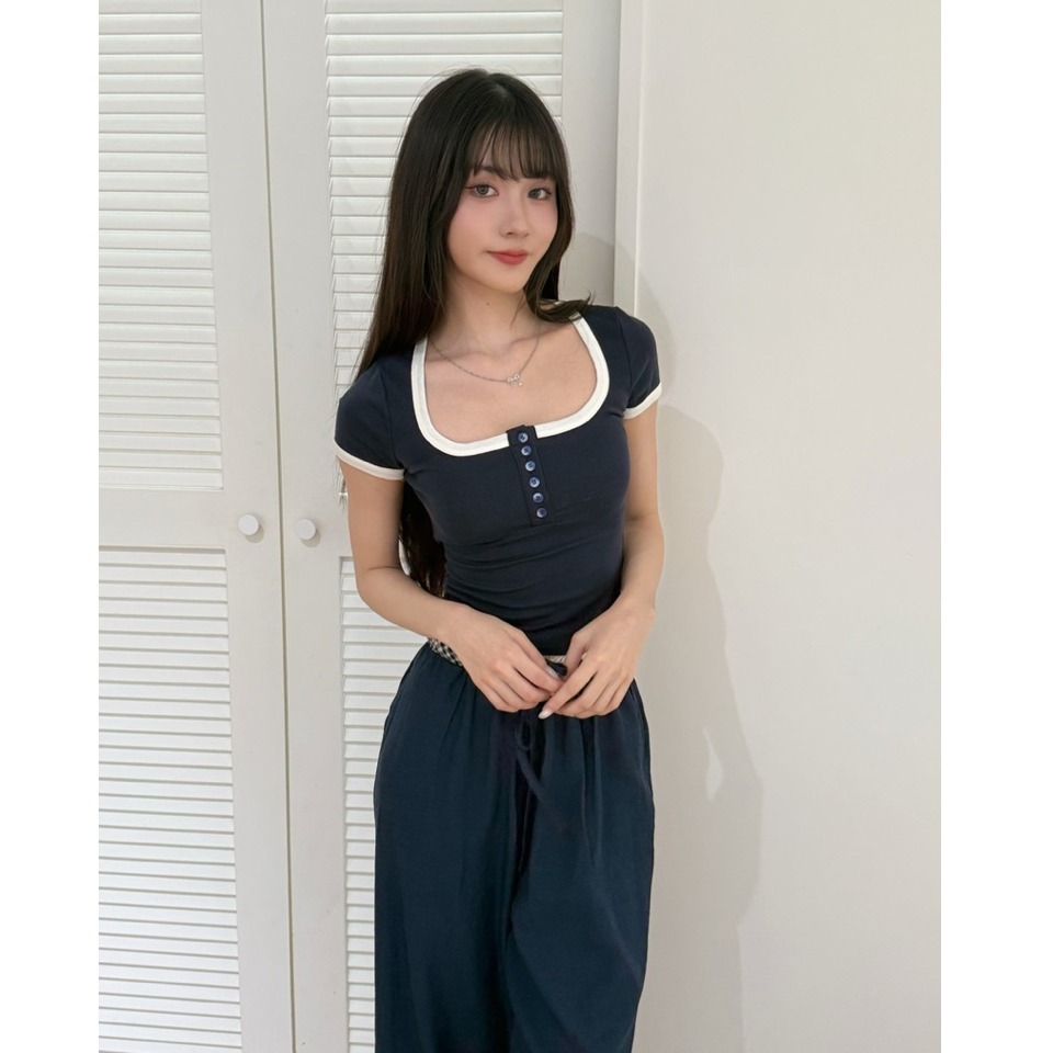 bunny_stall (現貨)細節感滿分的簡約拼色短袖+鬆緊腰長褲休閒套裝/S-L-細節圖6