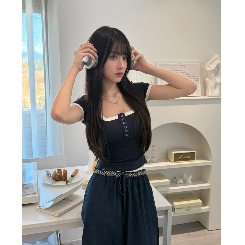 bunny_stall (現貨)細節感滿分的簡約拼色短袖+鬆緊腰長褲休閒套裝/S-L-細節圖8