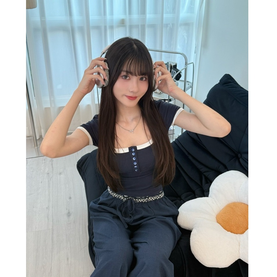 bunny_stall (現貨)細節感滿分的簡約拼色短袖+鬆緊腰長褲休閒套裝/S-L-細節圖9