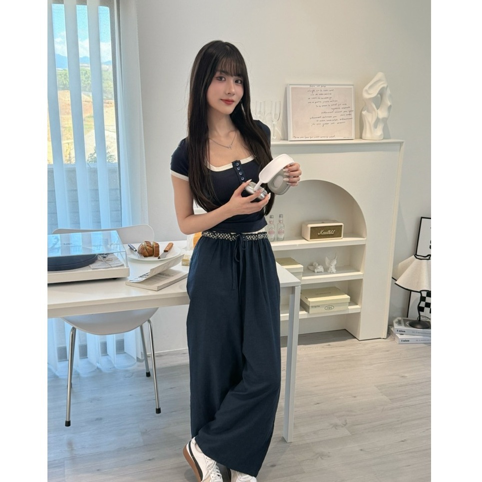 bunny_stall (現貨)細節感滿分的簡約拼色短袖+鬆緊腰長褲休閒套裝/S-L-規格圖9