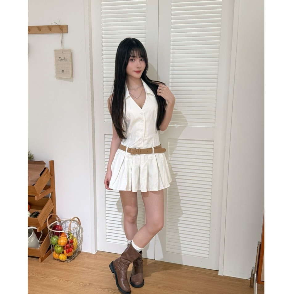 bunny_stall (現貨)微性感韓系🤍掛脖露背設計連身裙/附皮帶/S-L-細節圖2