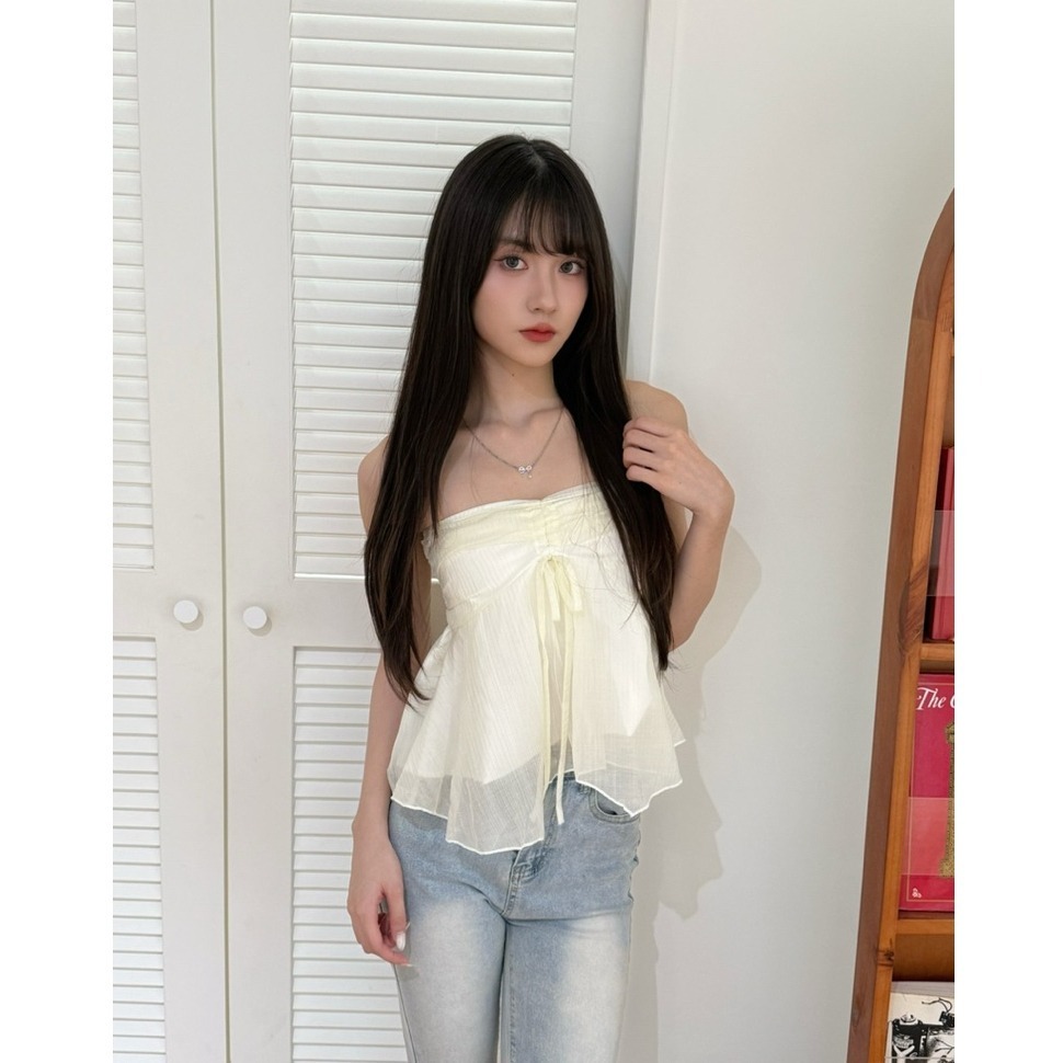 bunny_stall (現貨)純慾系少女的網紗拼接抽繩平口背心/附繫帶-細節圖4