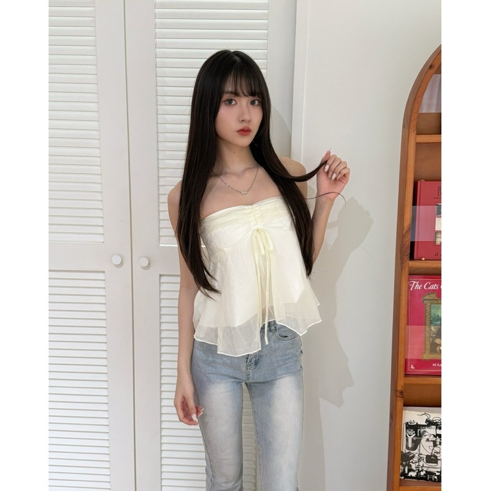 bunny_stall (現貨)純慾系少女的網紗拼接抽繩平口背心/附繫帶-細節圖5