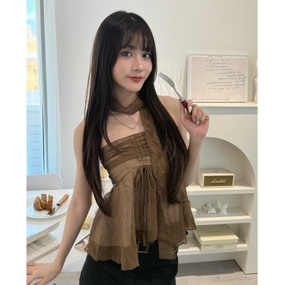 bunny_stall (現貨)純慾系少女的網紗拼接抽繩平口背心/附繫帶-細節圖7