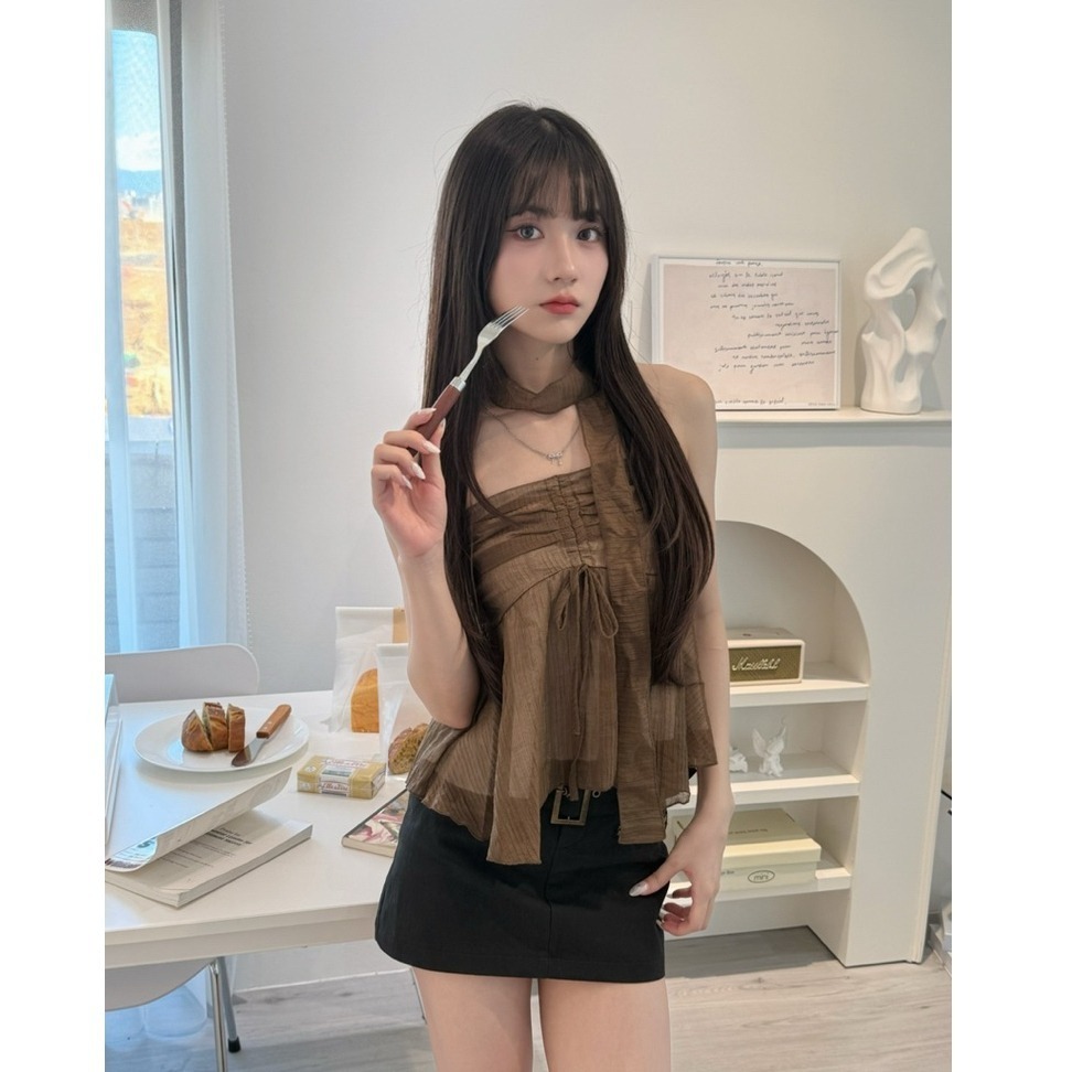 bunny_stall (現貨)純慾系少女的網紗拼接抽繩平口背心/附繫帶-細節圖8