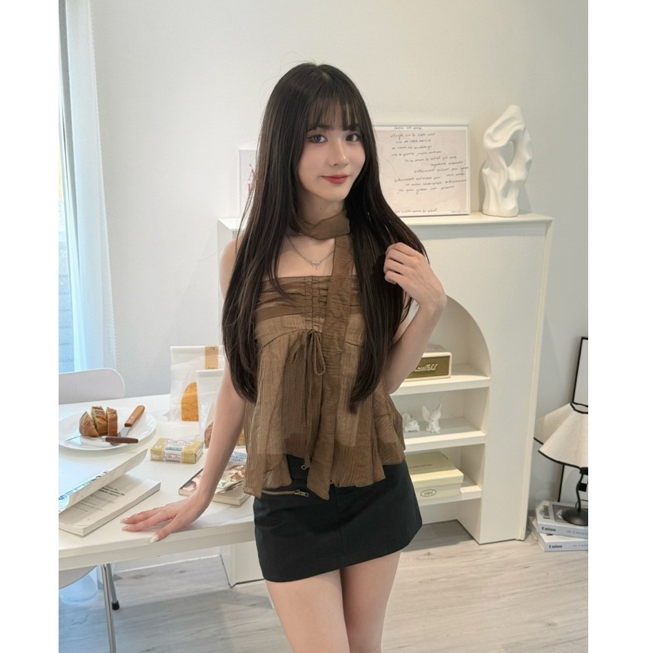 bunny_stall (現貨)純慾系少女的網紗拼接抽繩平口背心/附繫帶-細節圖9