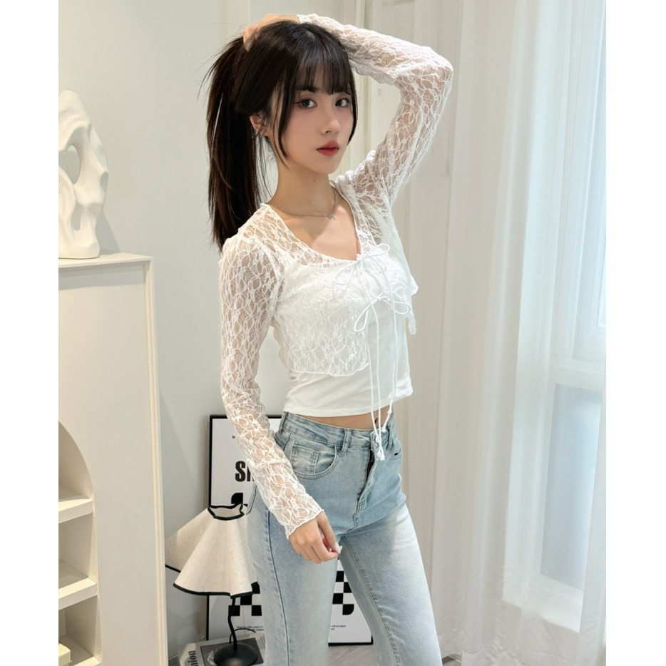 bunny_stall (現貨)氣質滿分的蕾絲綁帶鏤空短版罩衫-細節圖6