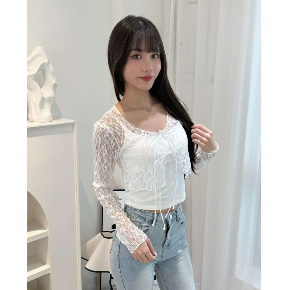 bunny_stall (現貨)氣質滿分的蕾絲綁帶鏤空短版罩衫-細節圖9