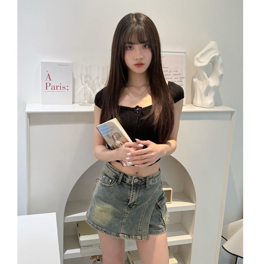 bunny_stall (現貨)復古設計感不規則牛仔褲裙/短裙/S-XL-細節圖2