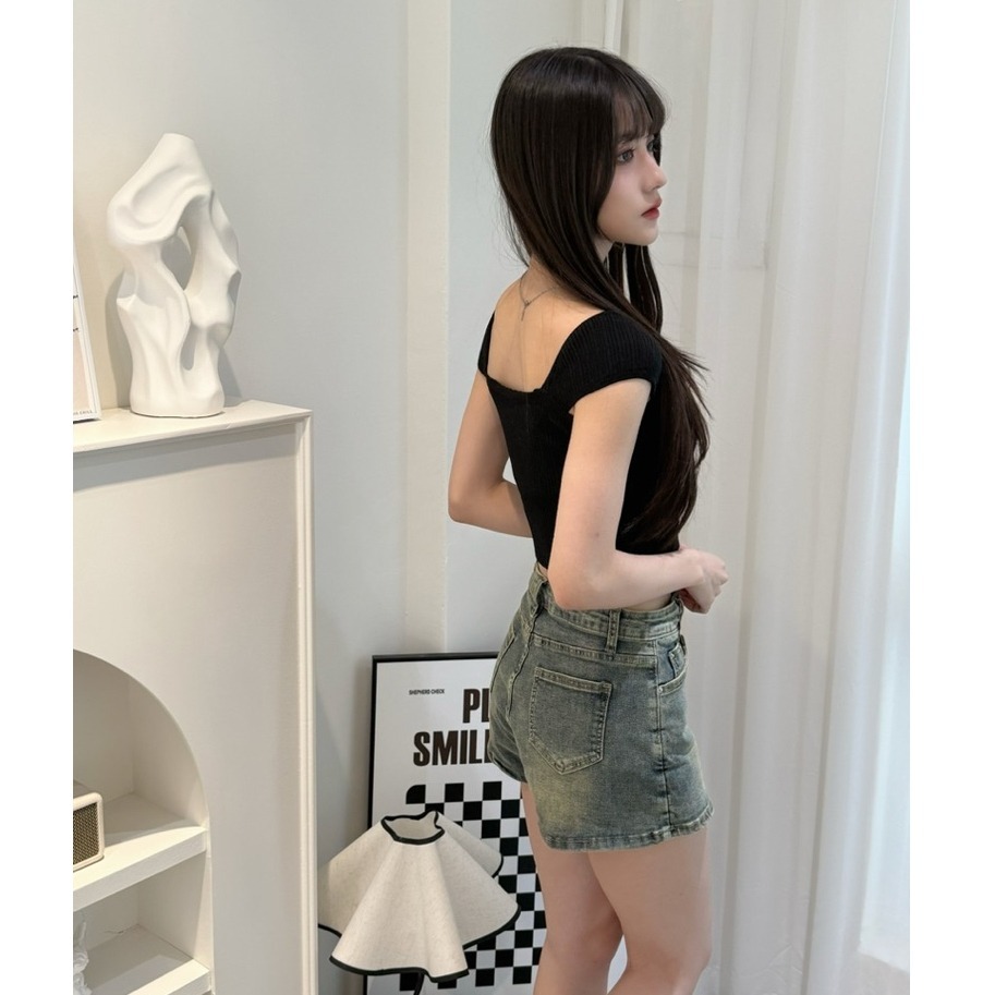 bunny_stall (現貨)復古設計感不規則牛仔褲裙/短裙/S-XL-細節圖3